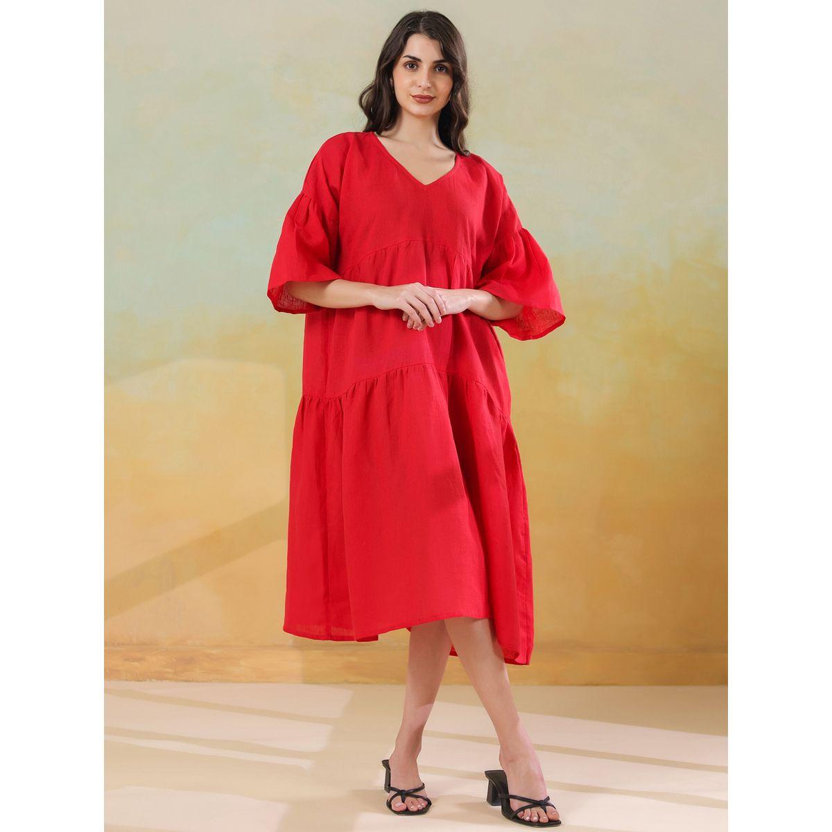 Sanskrutihomes Women Red Linen Blend V Neck A-Line Midi Dress-women-clothing-dresses-image-3