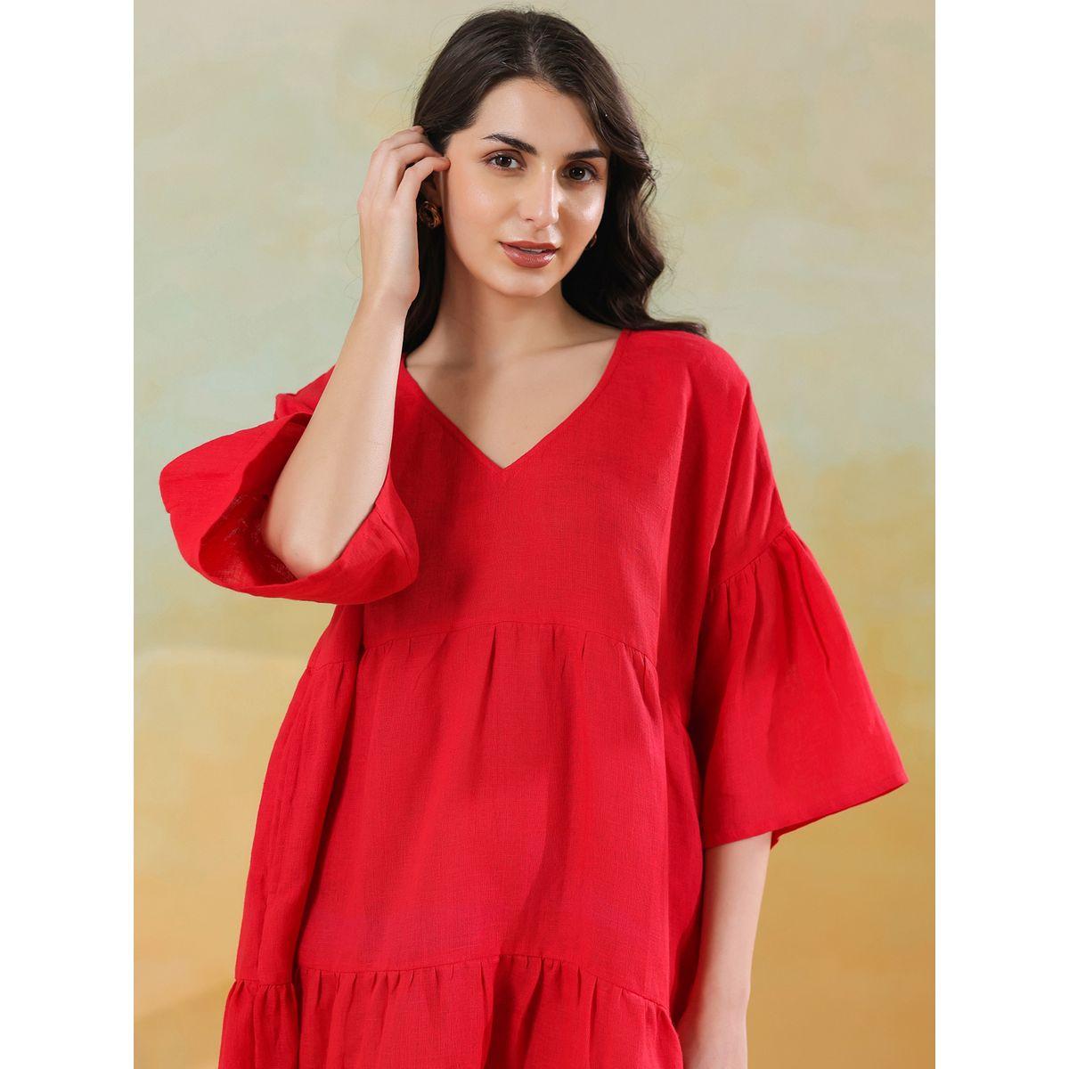 Sanskrutihomes Women Red Linen Blend V Neck A-Line Midi Dress-women-clothing-dresses-image-4