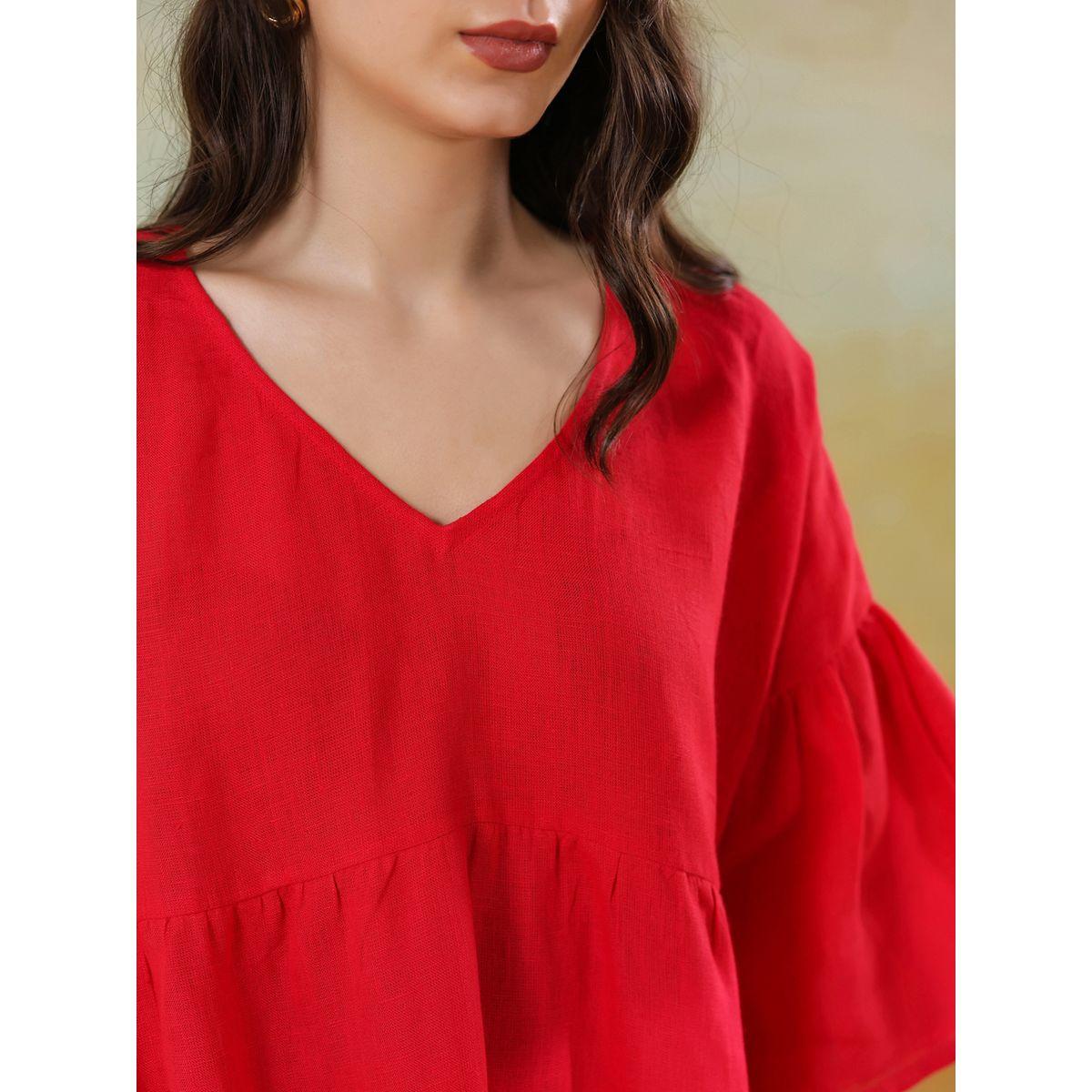 Sanskrutihomes Women Red Linen Blend V Neck A-Line Midi Dress-women-clothing-dresses-image-7