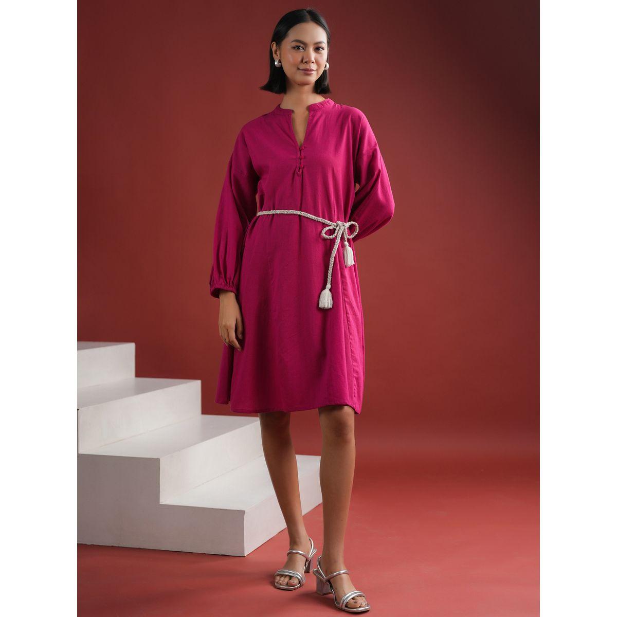 فستان سادة بطول الركبة مع حافة واسعة-women-clothing-dresses-image-1