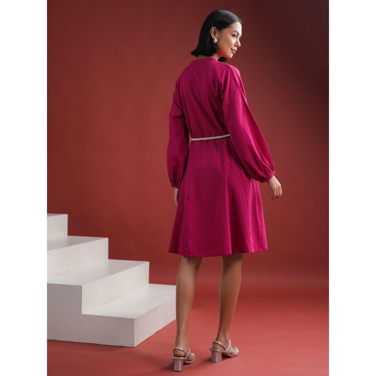 Sanskrutihomes Women Pink Solid Collared Cotton A-Line Knee Length Dress-women-clothing-dresses-image-2