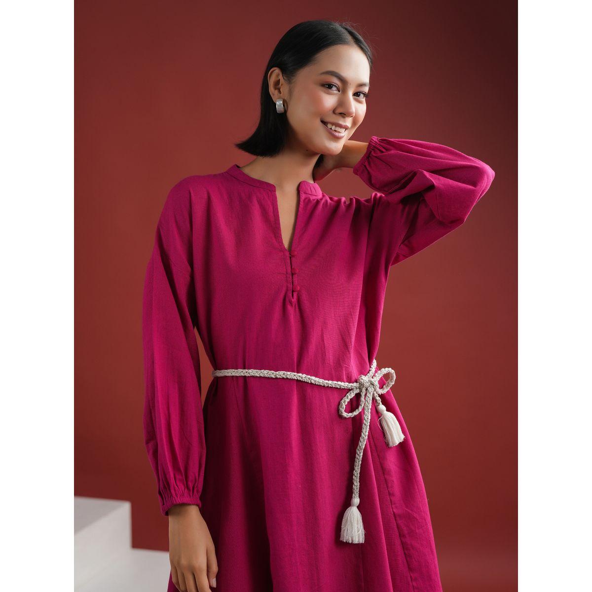 Sanskrutihomes Women Pink Solid Collared Cotton A-Line Knee Length Dress-women-clothing-dresses-image-3