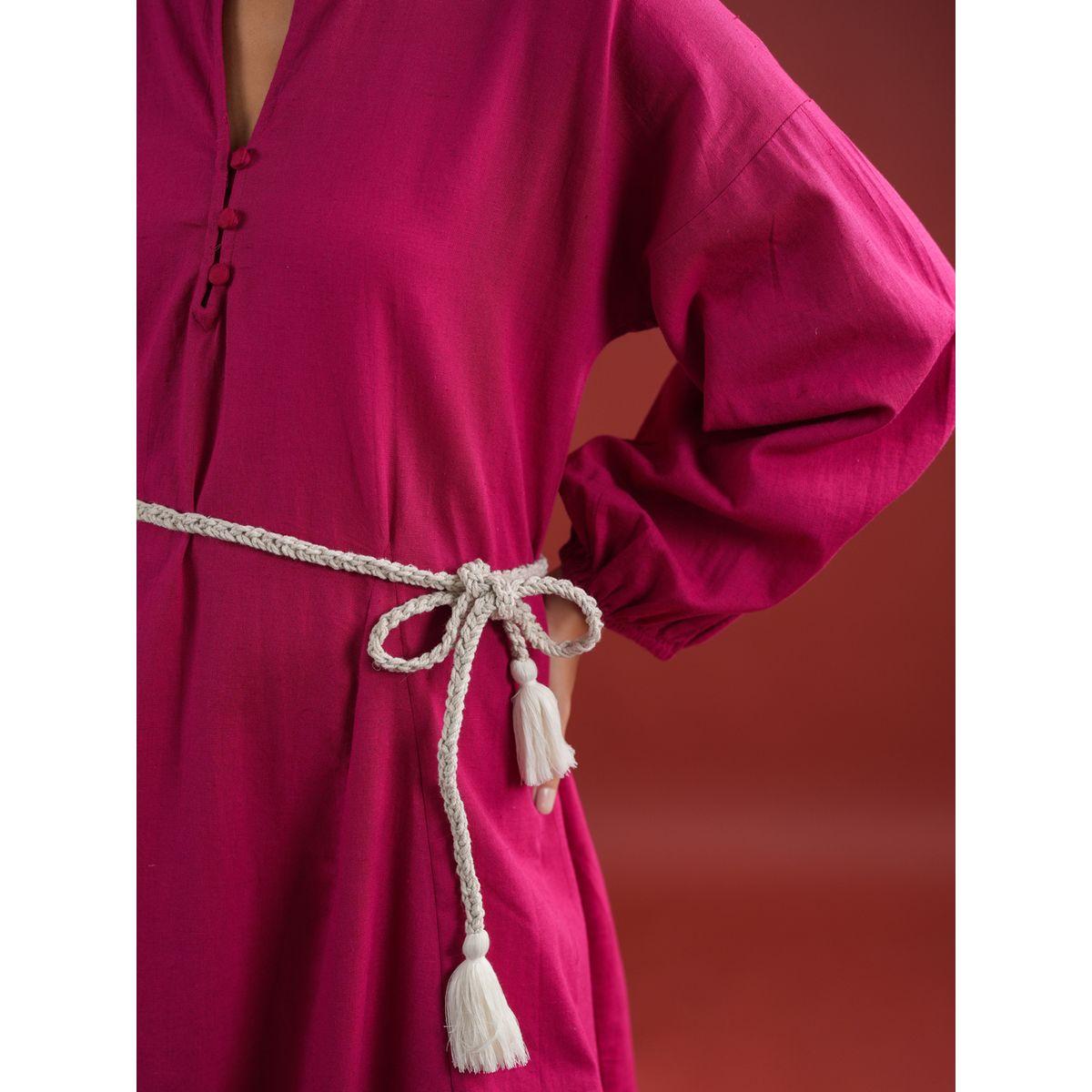 Sanskrutihomes Women Pink Solid Collared Cotton A-Line Knee Length Dress-women-clothing-dresses-image-4