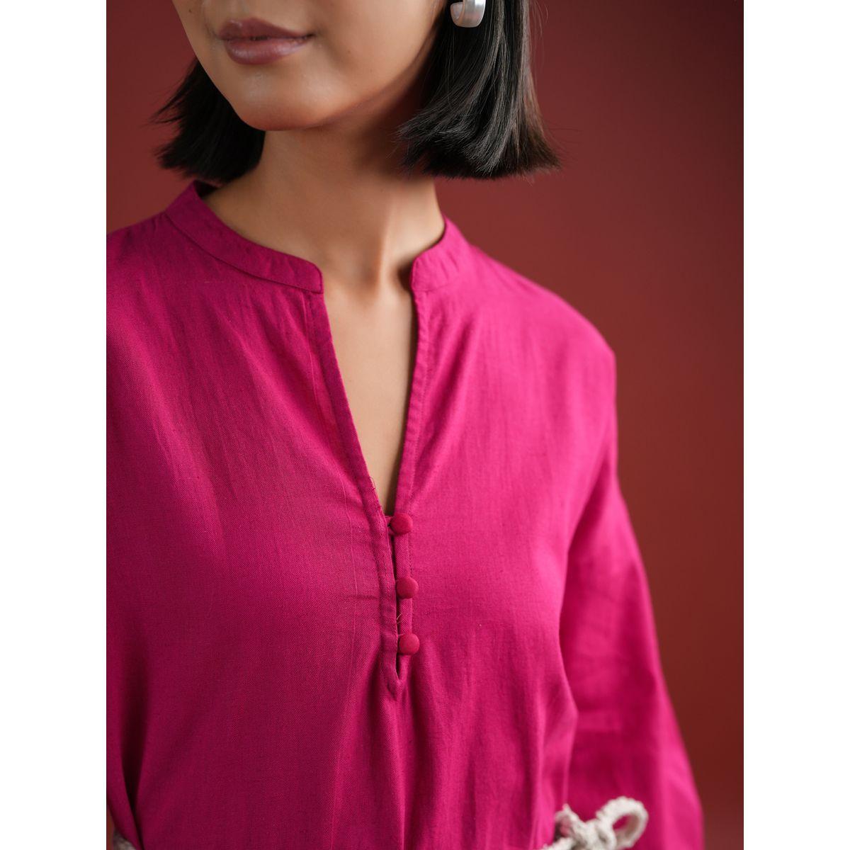 Sanskrutihomes Women Pink Solid Collared Cotton A-Line Knee Length Dress-women-clothing-dresses-image-5
