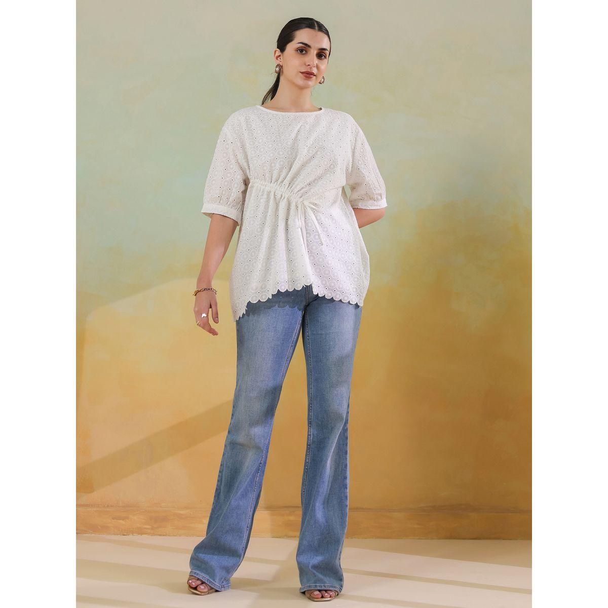 Sanskrutihomes Women White Schiffli Tie-Up Waist Cotton Top with Scallop Hem-women-clothing-shirtsandblouses-blouses-image-1