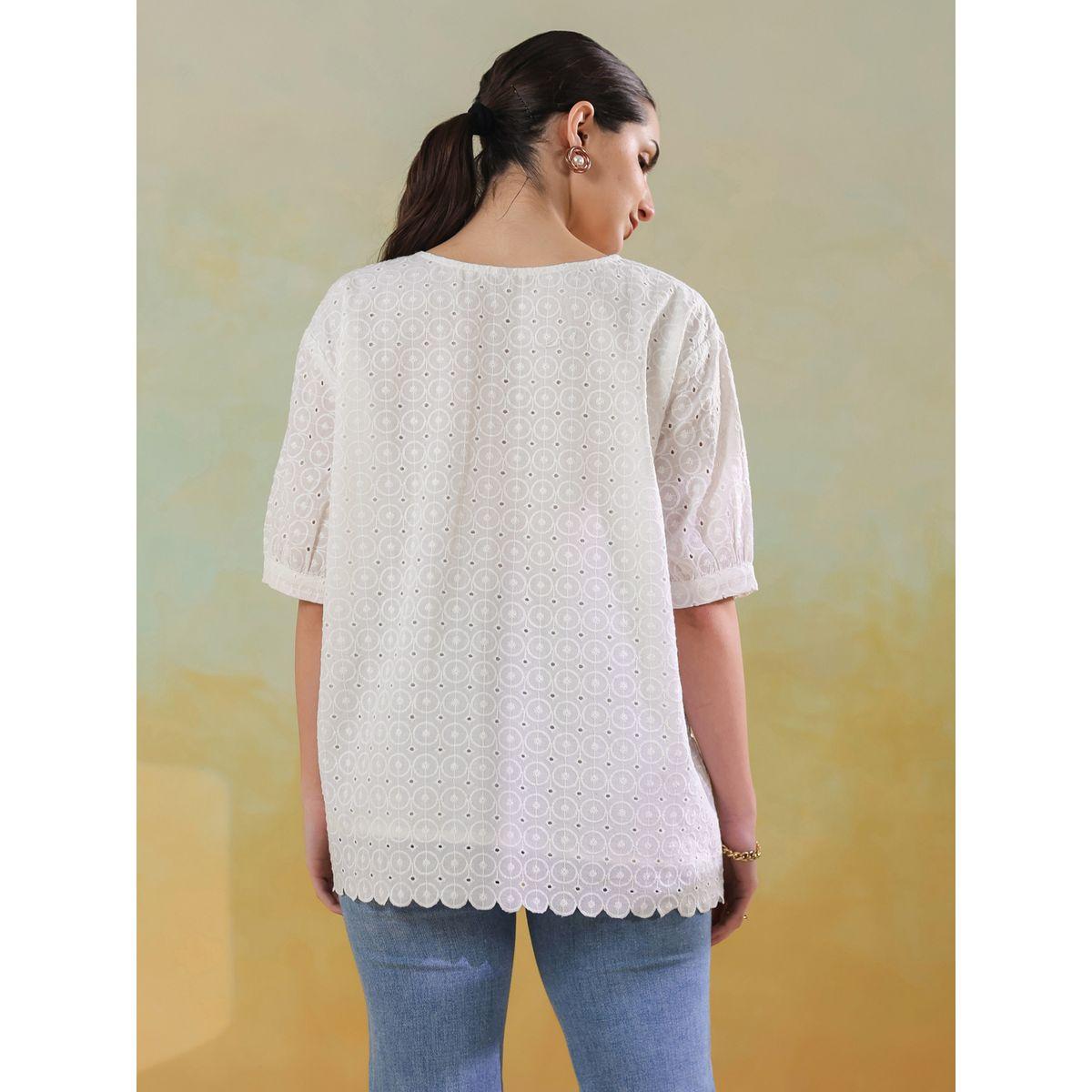 Sanskrutihomes Women White Schiffli Tie-Up Waist Cotton Top with Scallop Hem-women-clothing-shirtsandblouses-blouses-image-2