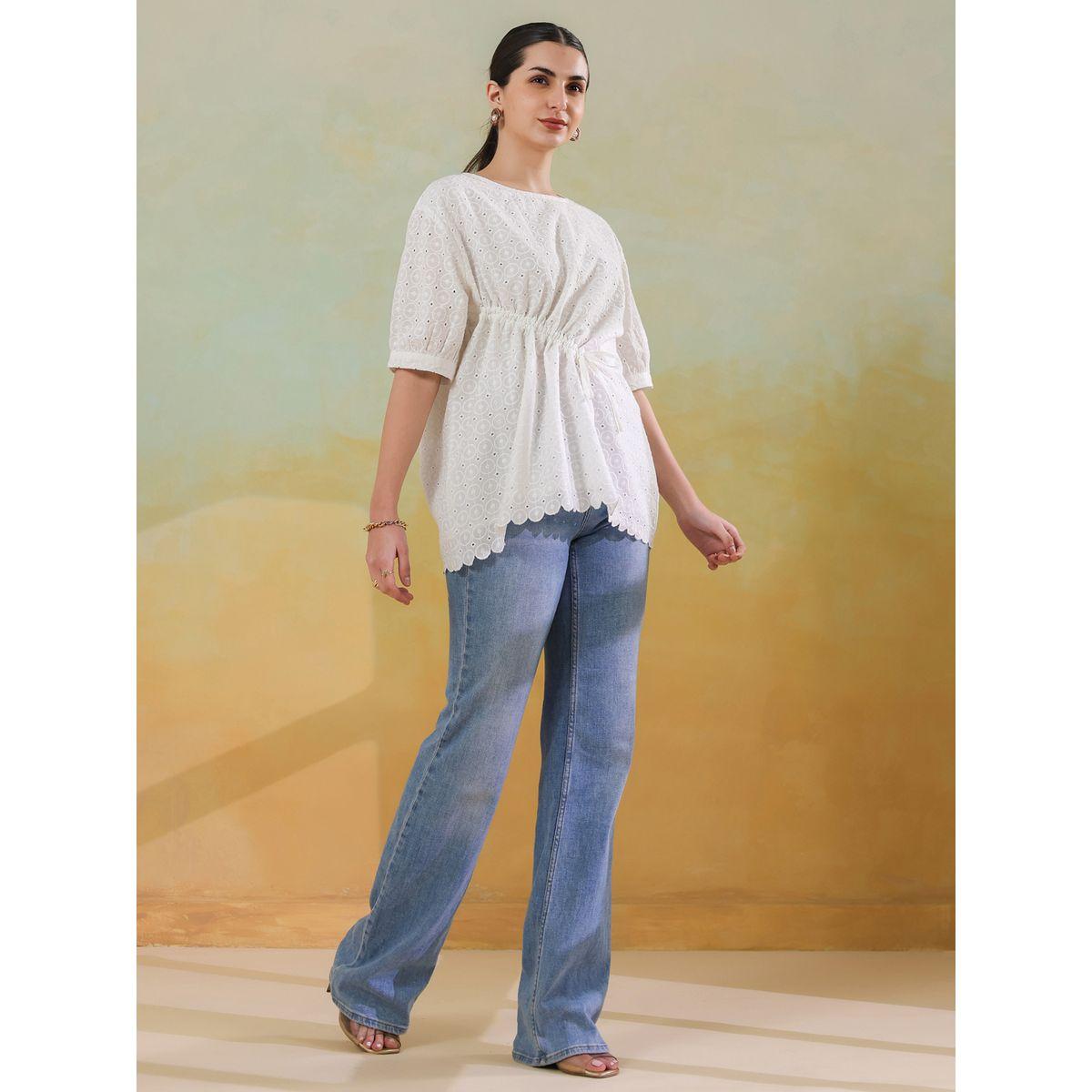 Sanskrutihomes Women White Schiffli Tie-Up Waist Cotton Top with Scallop Hem-women-clothing-shirtsandblouses-blouses-image-3
