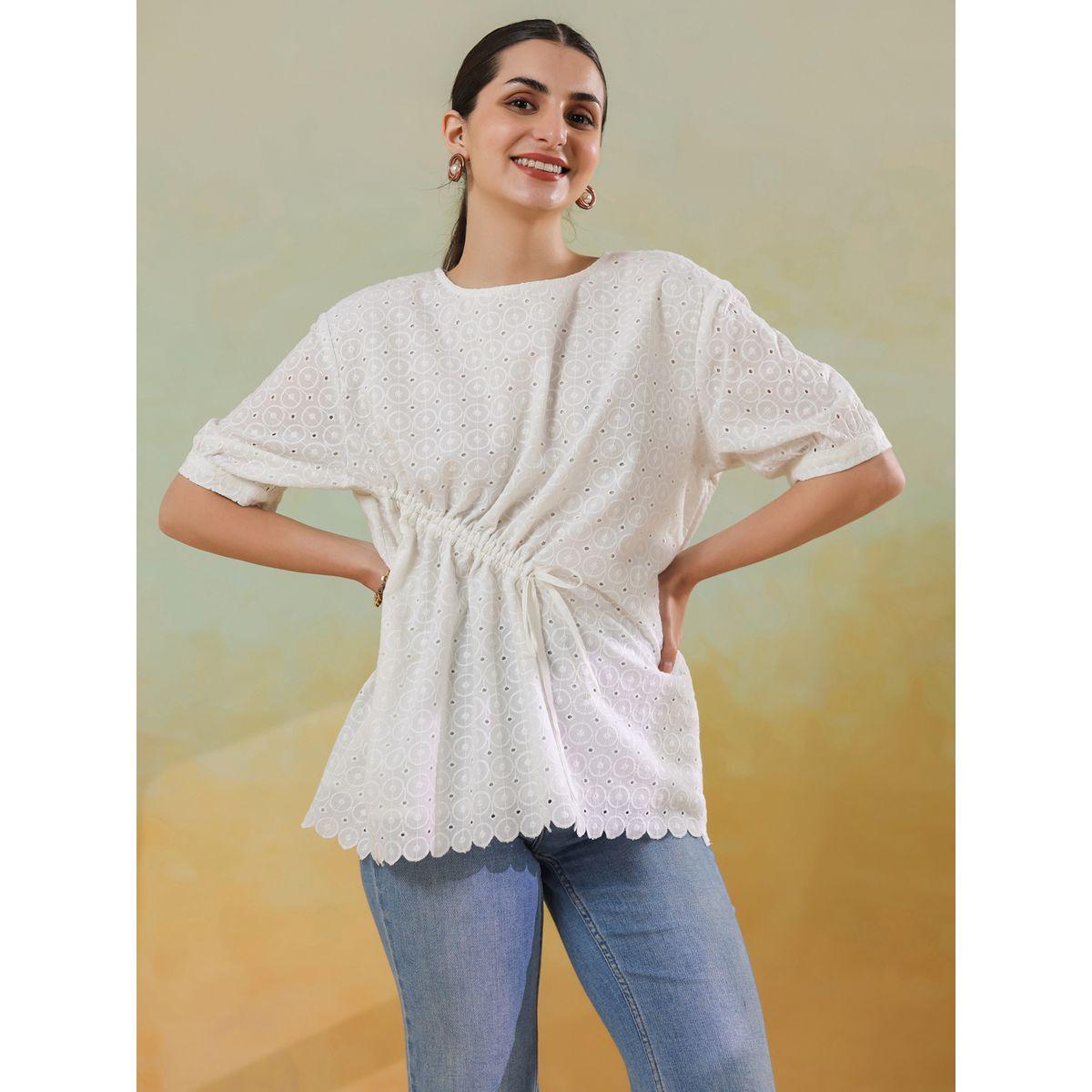 Sanskrutihomes Women White Schiffli Tie-Up Waist Cotton Top with Scallop Hem-women-clothing-shirtsandblouses-blouses-image-4