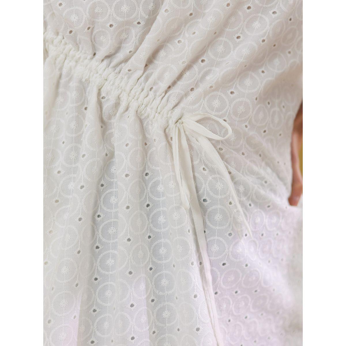 Sanskrutihomes Women White Schiffli Tie-Up Waist Cotton Top with Scallop Hem-women-clothing-shirtsandblouses-blouses-image-5