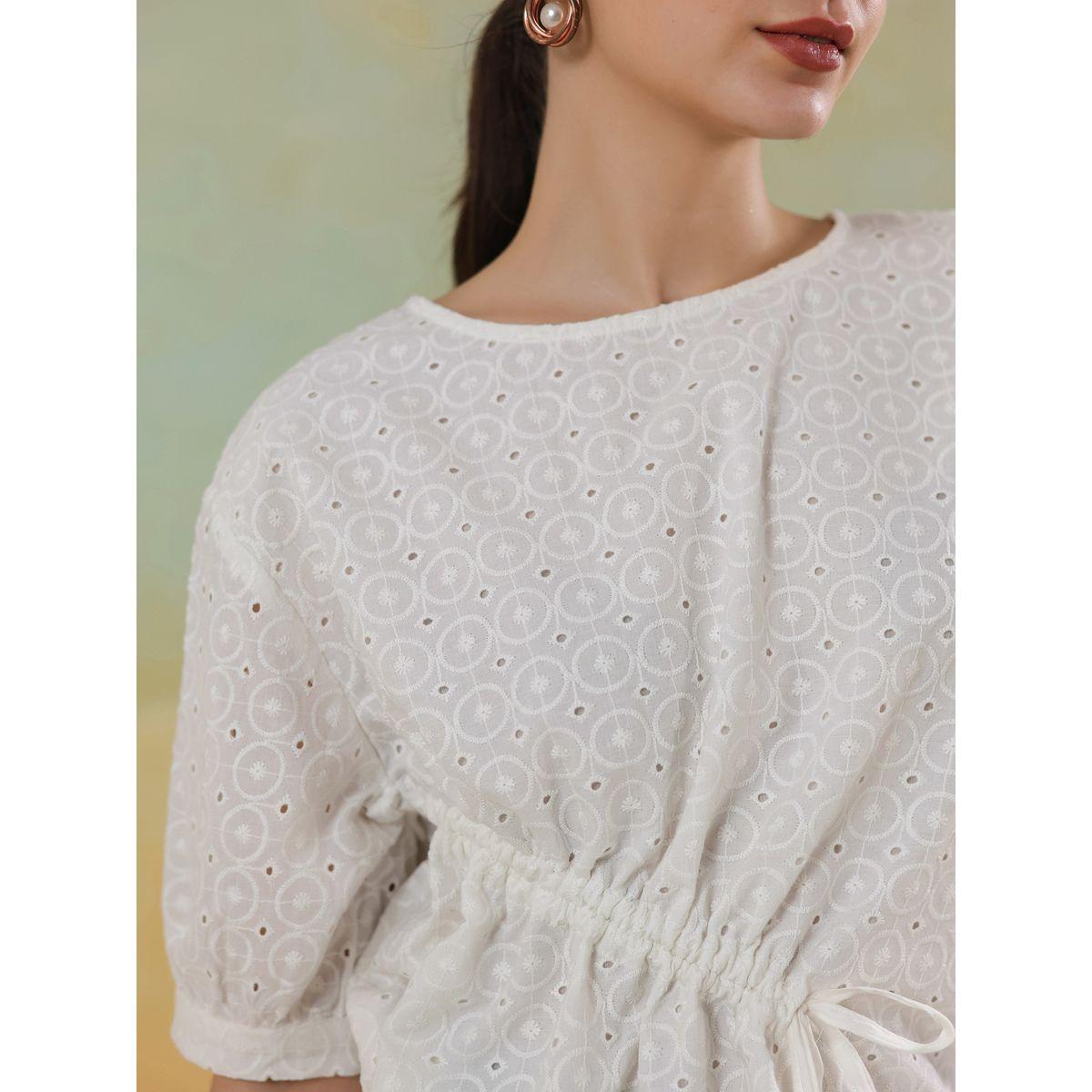 Sanskrutihomes Women White Schiffli Tie-Up Waist Cotton Top with Scallop Hem-women-clothing-shirtsandblouses-blouses-image-6