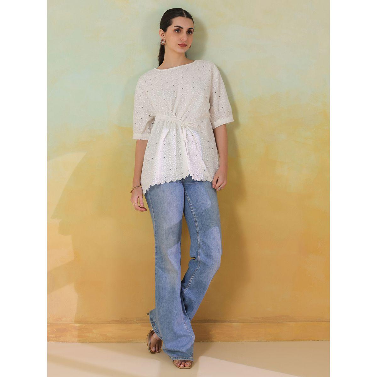 Sanskrutihomes Women White Schiffli Tie-Up Waist Cotton Top with Scallop Hem-women-clothing-shirtsandblouses-blouses-image-7