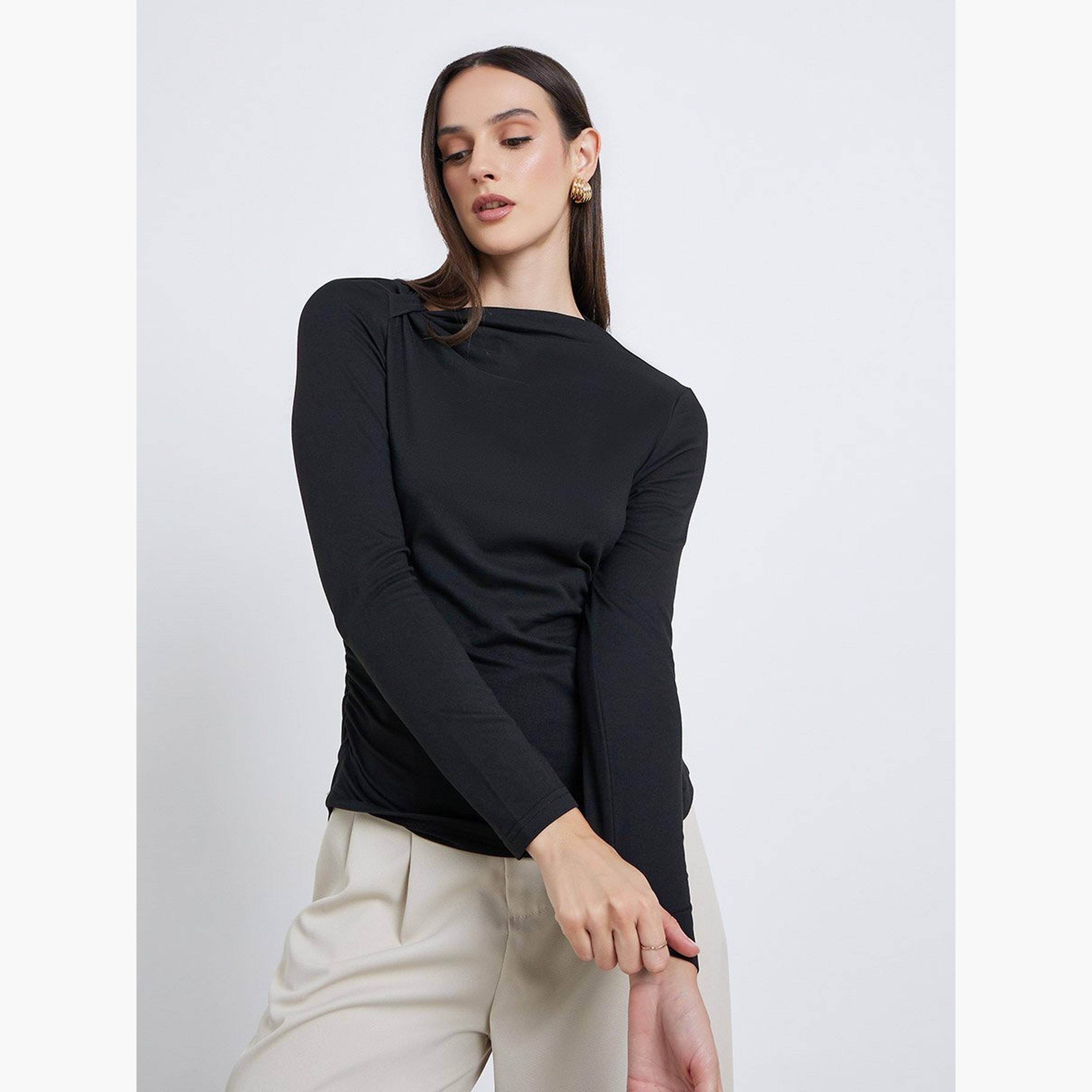 Styli Women Black Asymmetric Neck Fitted Top-women-clothing-shirtsandblouses-blouses-image-3