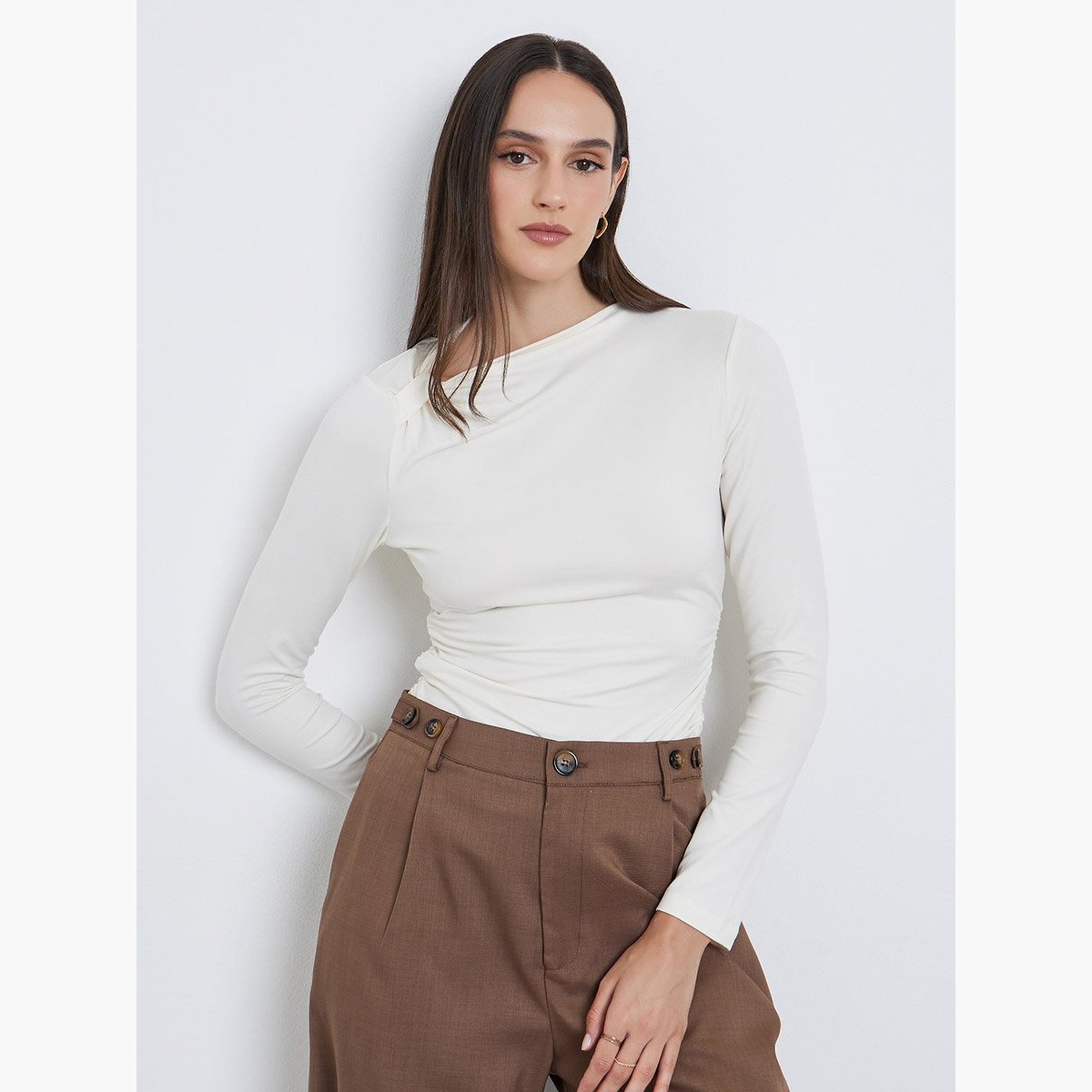 Styli Women Cream Asymmetric Neck Fitted Top-women-clothing-shirtsandblouses-blouses-image-1