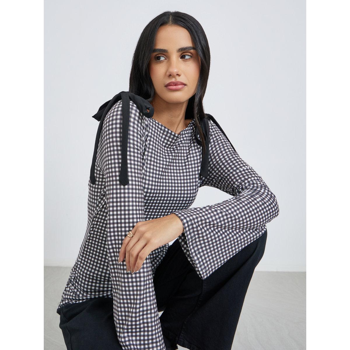 Styli Women Gingham Bow Knot Detail Blouse-women-clothing-shirtsandblouses-blouses-image-1