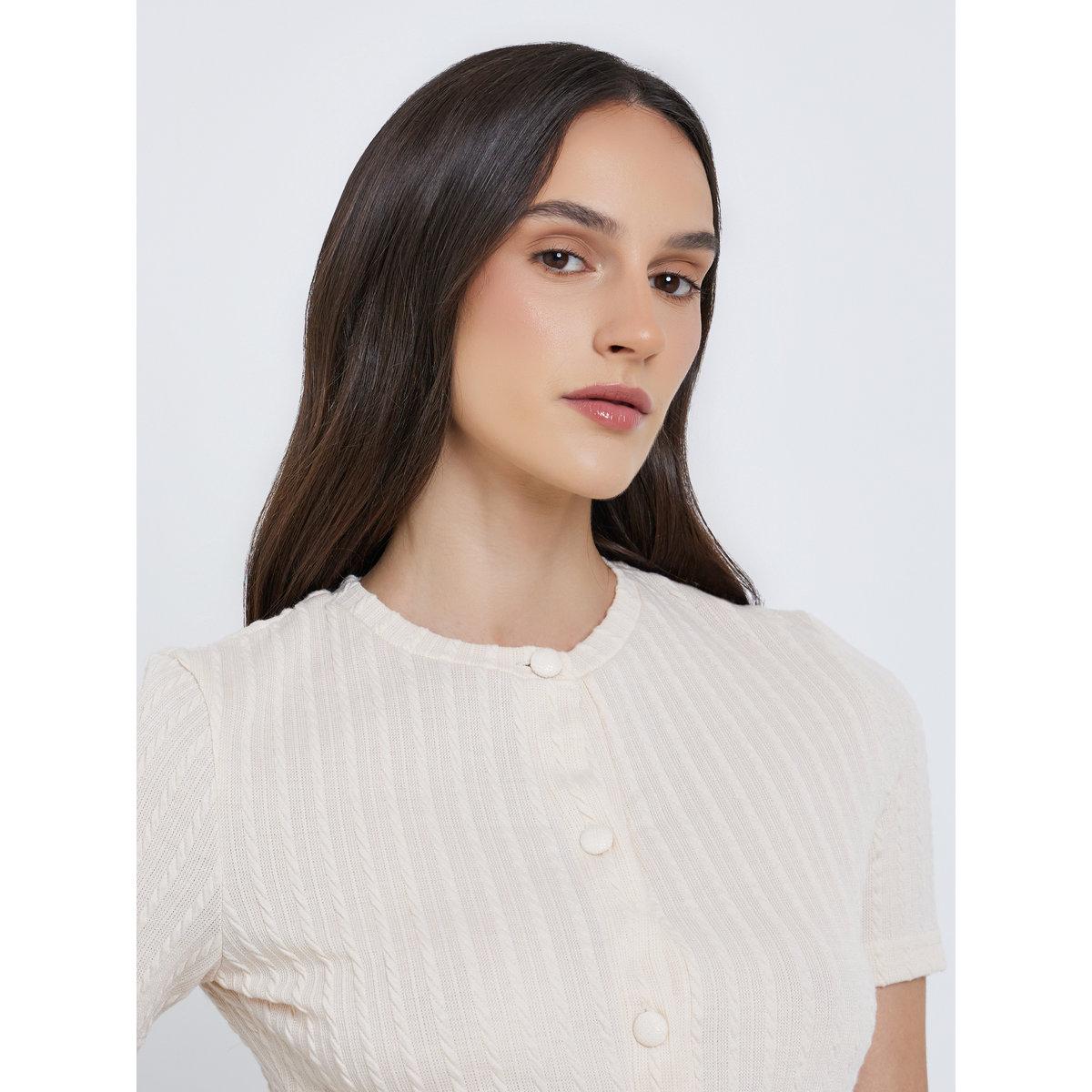 Styli Women Cream Textured Buttoned Knit Top-women-clothing-tshirts-image-3