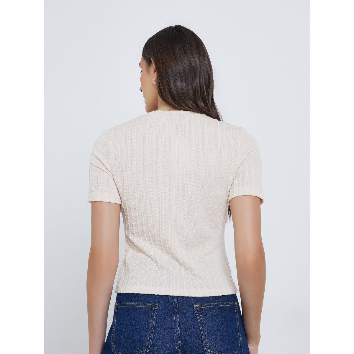 Styli Women Cream Textured Buttoned Knit Top-women-clothing-tshirts-image-4