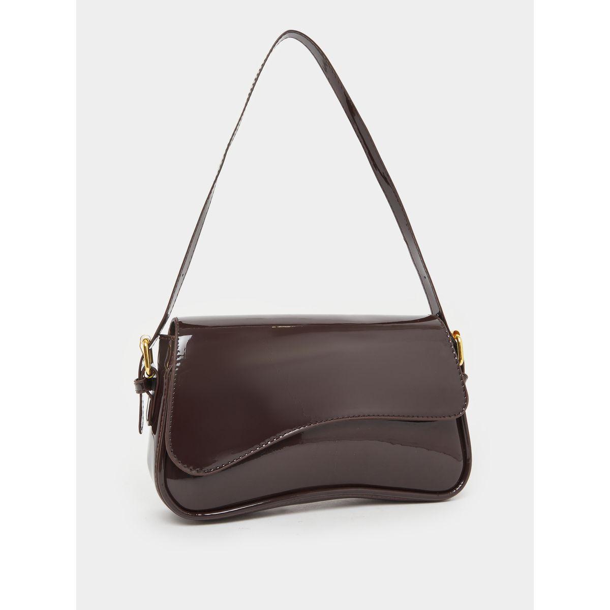 Styli Brown Patent Baguette Bag with Asymmetric Flap-women-bagsandwallets-handbags-image-1