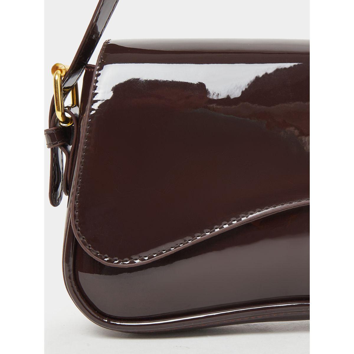 Styli Brown Patent Baguette Bag with Asymmetric Flap-women-bagsandwallets-handbags-image-3