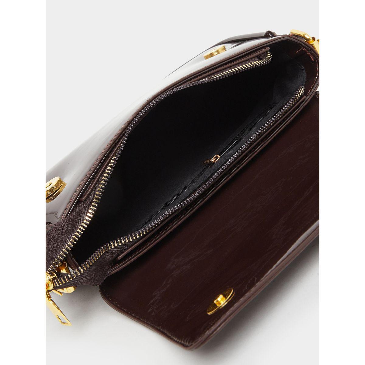 Styli Brown Patent Baguette Bag with Asymmetric Flap-women-bagsandwallets-handbags-image-4
