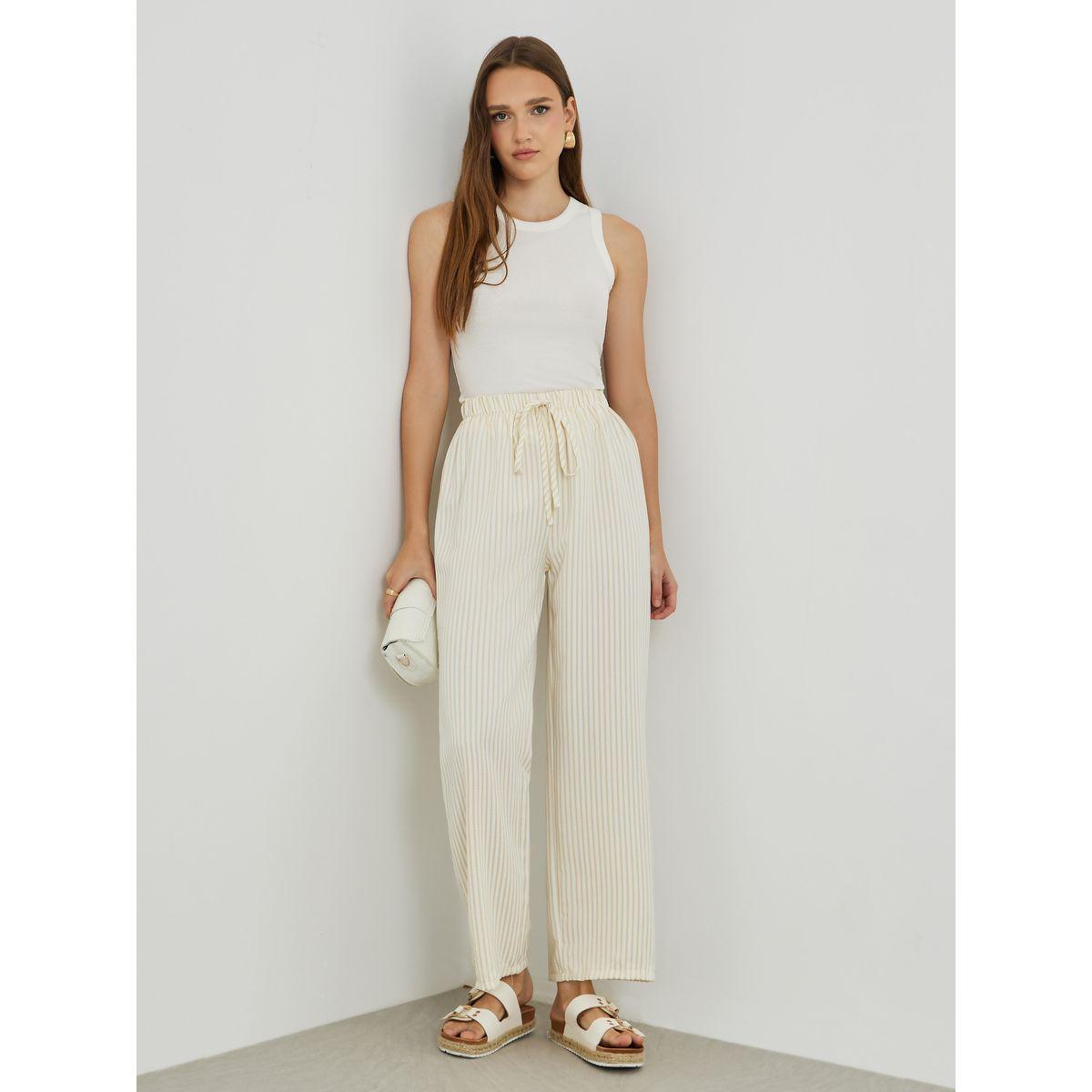 بنطال مخطط بقصة أرجل مستقيمة مع أربطة-women-clothing-bottoms-trousers-image-1