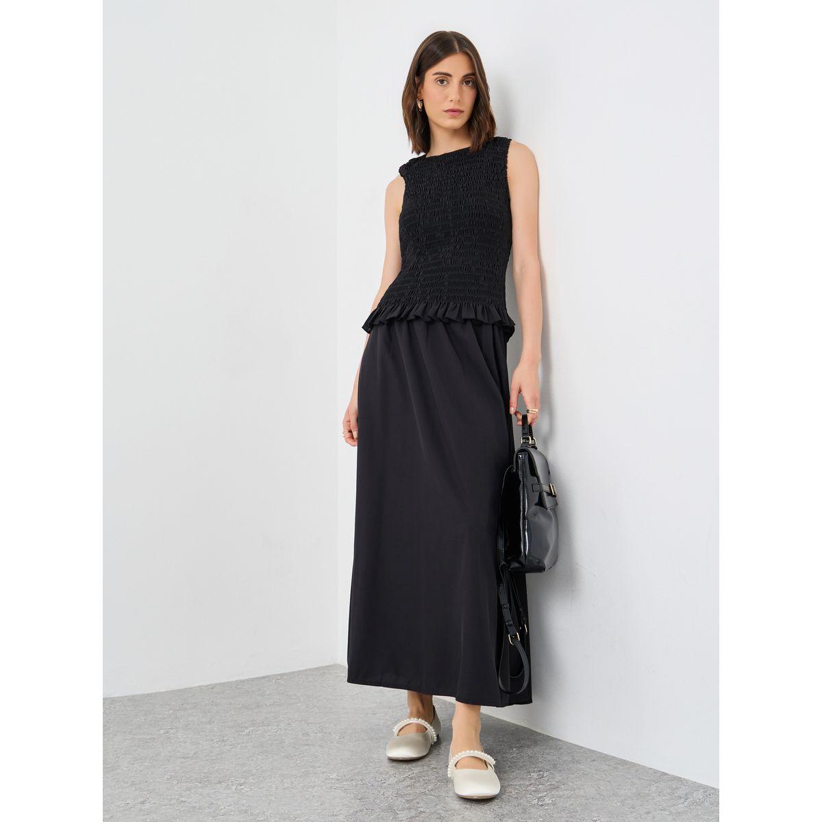طقم منسق من تنورة ميدي وبلوزة سادة بتفاصيل بارزة الملمس-women-clothing-coordsets-image-1