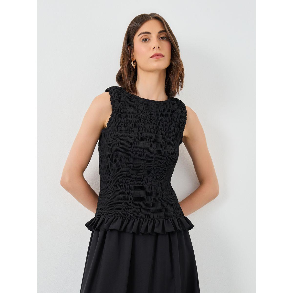 طقم منسق من تنورة ميدي وبلوزة سادة بتفاصيل بارزة الملمس-women-clothing-coordsets-image-2