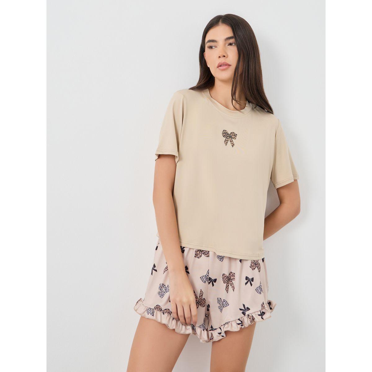 Styli Bowknot Printed T-Shirt and Shorts Set-women-clothing-nightwear-pyjamas-shortsets-image-1