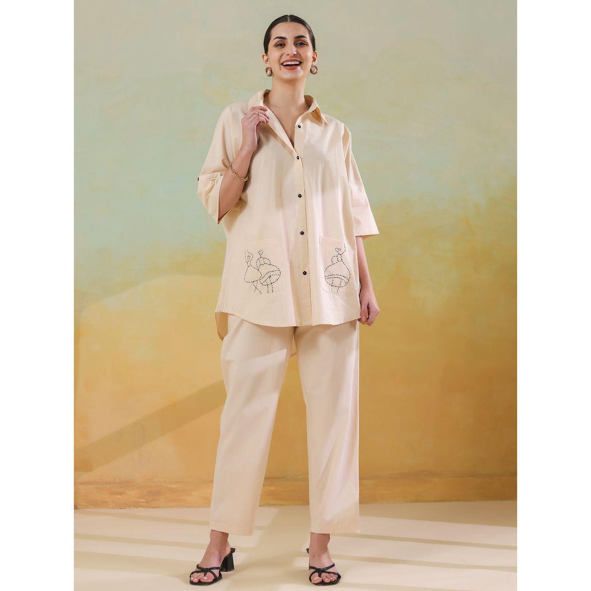 Sanskrutihomes Embroidered Spread Collar Cotton Shirt with Trousers Set-women-clothing-coordsets-image-1