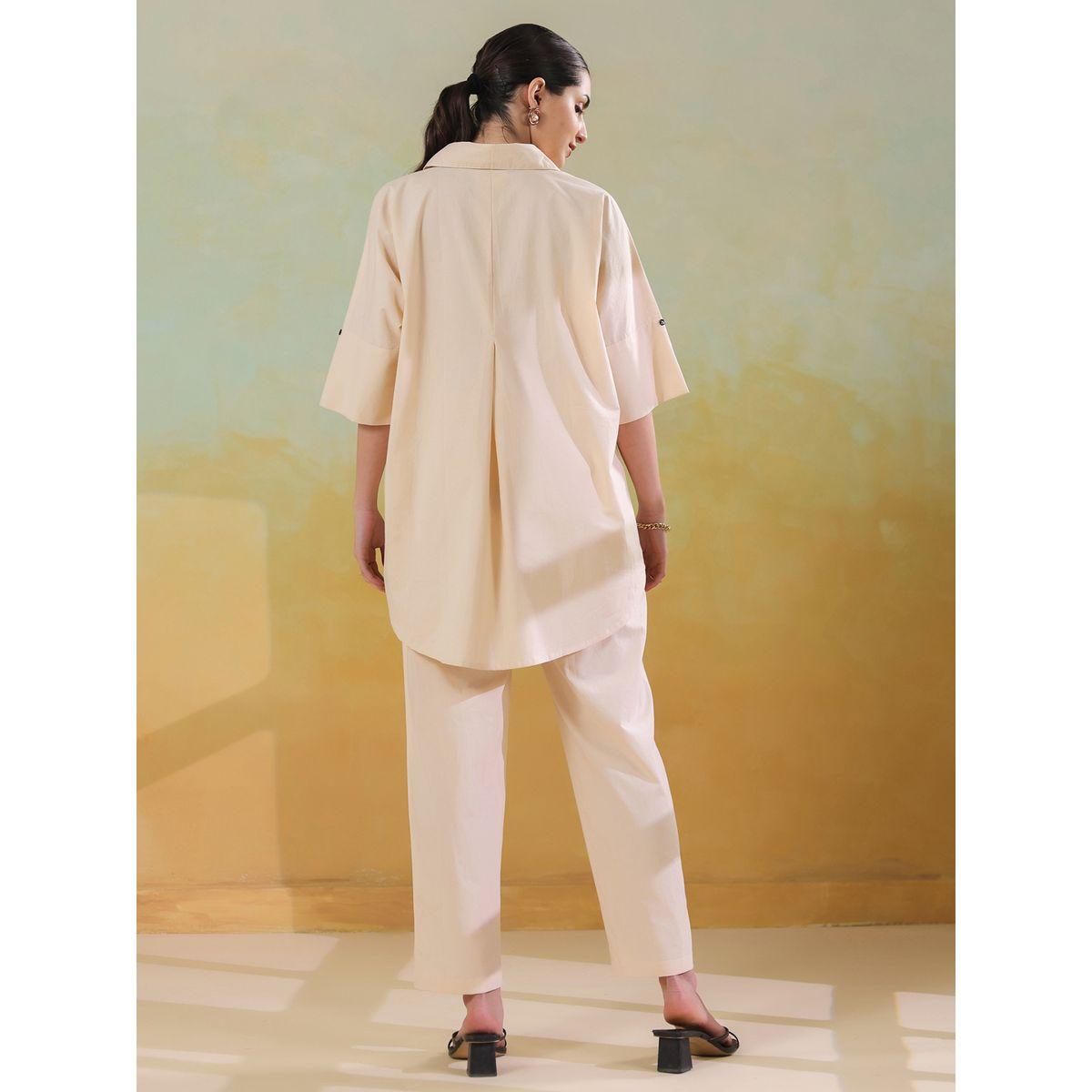 Sanskrutihomes Embroidered Spread Collar Cotton Shirt with Trousers Set-women-clothing-coordsets-image-2
