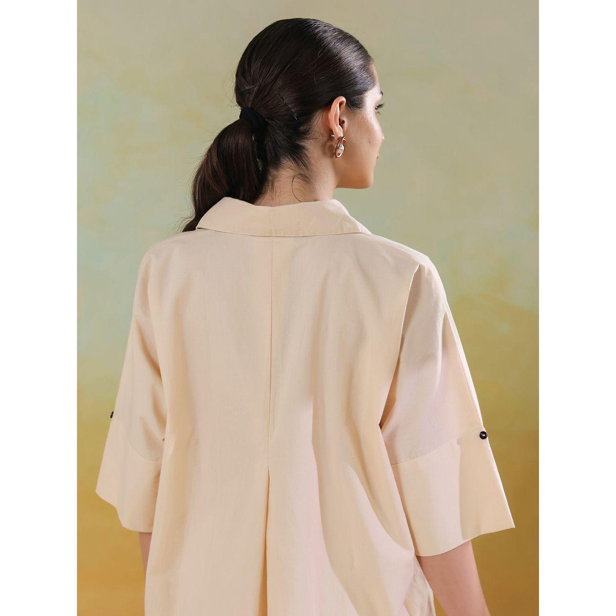 Sanskrutihomes Embroidered Spread Collar Cotton Shirt with Trousers Set-women-clothing-coordsets-image-3