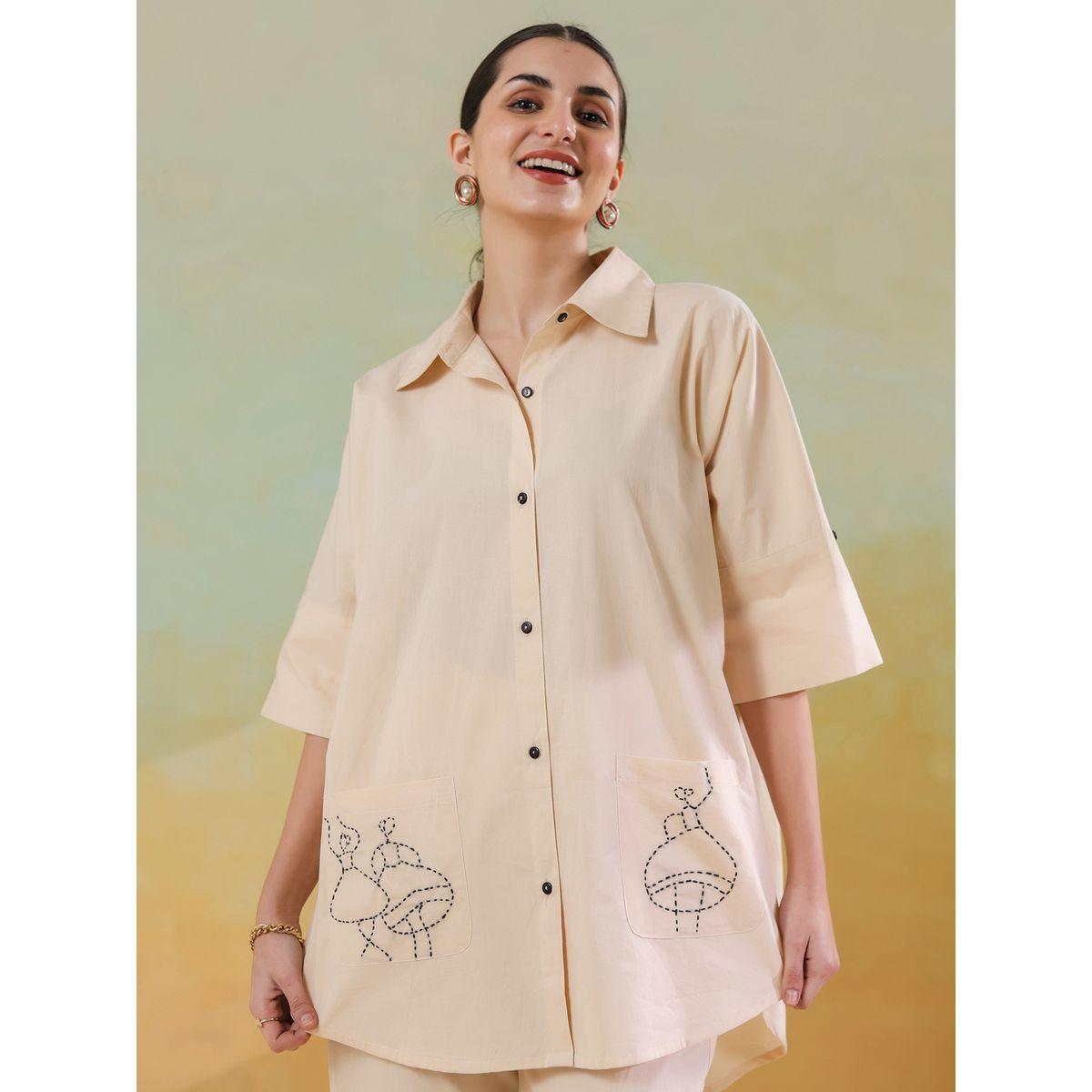 Sanskrutihomes Embroidered Spread Collar Cotton Shirt with Trousers Set-women-clothing-coordsets-image-5