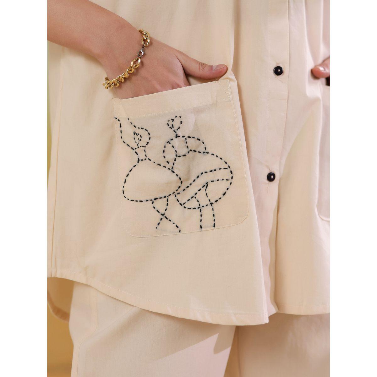 Sanskrutihomes Embroidered Spread Collar Cotton Shirt with Trousers Set-women-clothing-coordsets-image-6