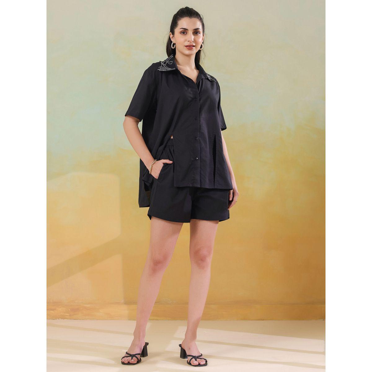 Sanskrutihomes Solid Short Sleeves Cotton Shirt with Shorts Set-women-clothing-coordsets-image-1