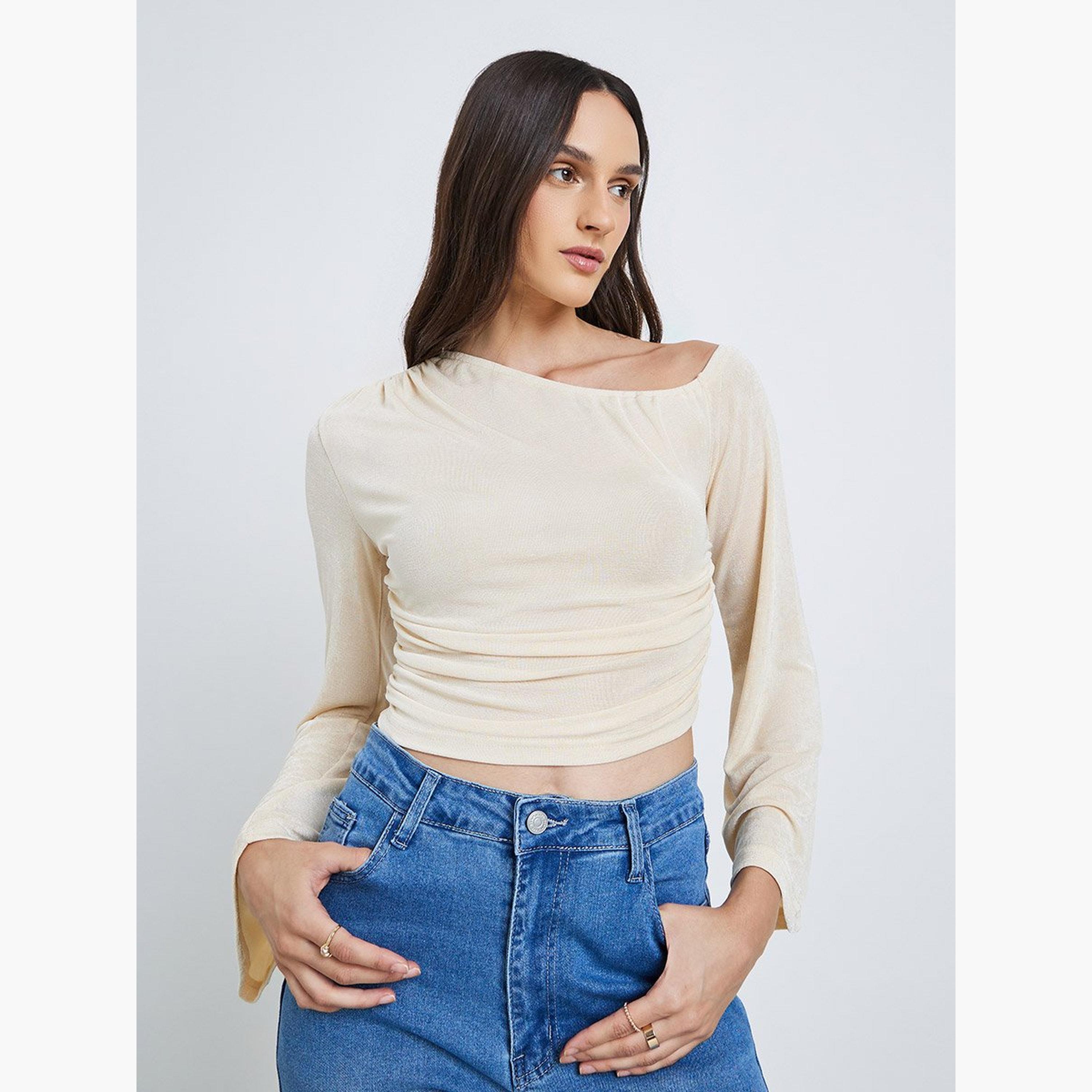 ستايلي - بلوزة قصيرة للنساء لون بيج بكتف واحد-women-clothing-tshirts-image-1