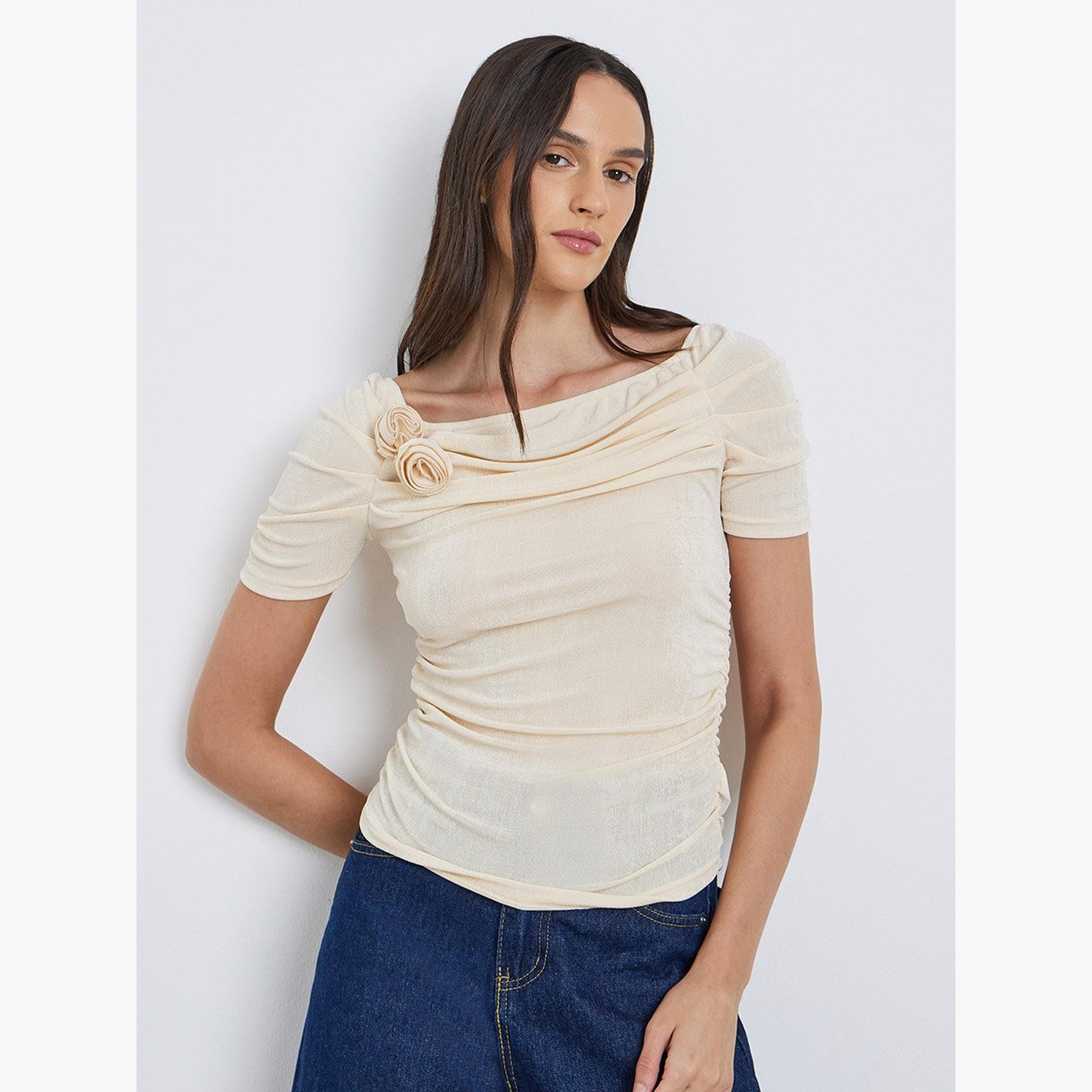 Styli Flower Corsage Mesh Short Sleeve Top-women-clothing-shirtsandblouses-blouses-image-1
