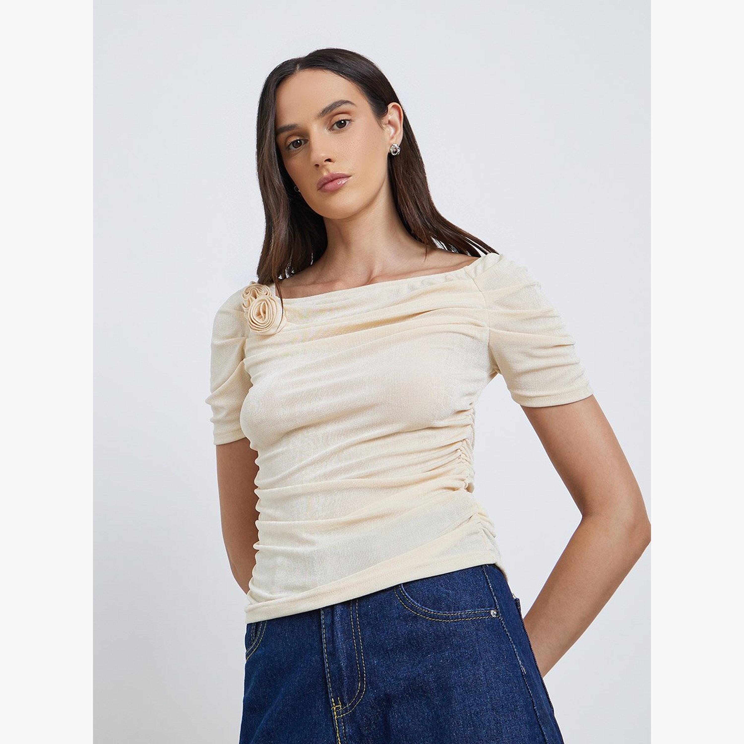 Styli Flower Corsage Mesh Short Sleeve Top-women-clothing-shirtsandblouses-blouses-image-3