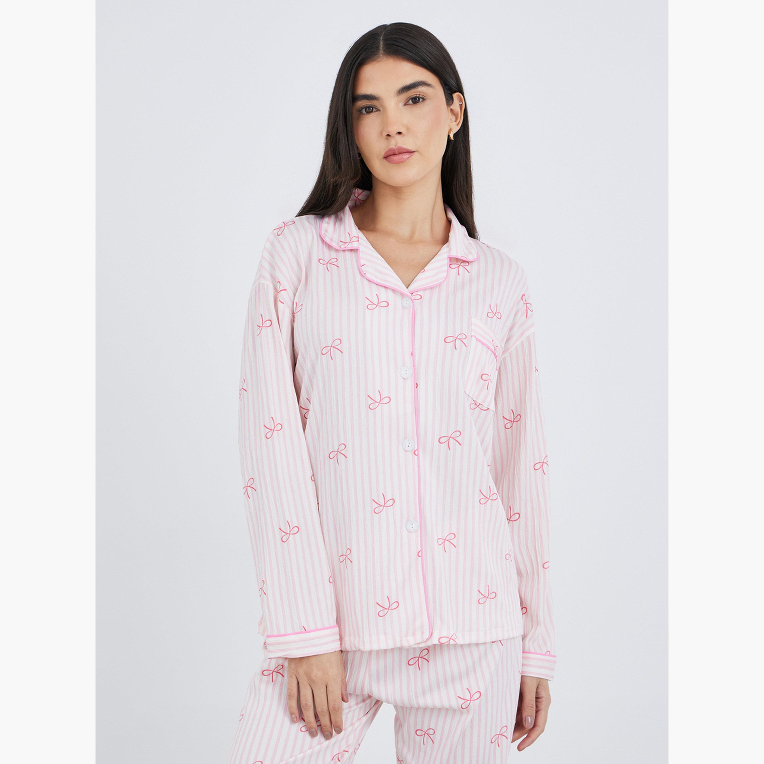 Styli Bowknot Print Cotton Shirt and Pyjama Set-women-clothing-nightwear-pyjamas-longsets-image-2
