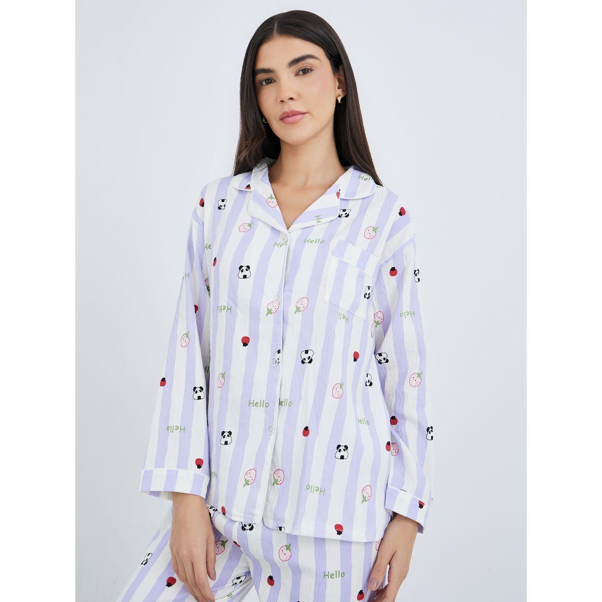 طقم من بنطال بيجاما وتيشيرت مخطط بطبعة جرافيك-women-clothing-nightwear-pyjamas-longsets-image-2