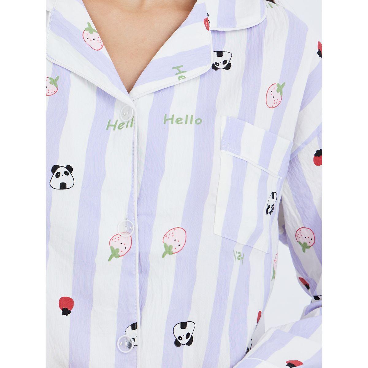 طقم من بنطال بيجاما وتيشيرت مخطط بطبعة جرافيك-women-clothing-nightwear-pyjamas-longsets-image-3
