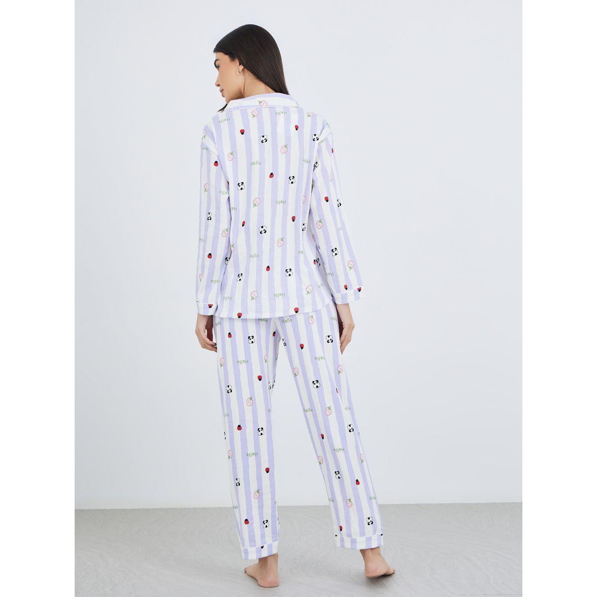 طقم من بنطال بيجاما وتيشيرت مخطط بطبعة جرافيك-women-clothing-nightwear-pyjamas-longsets-image-5