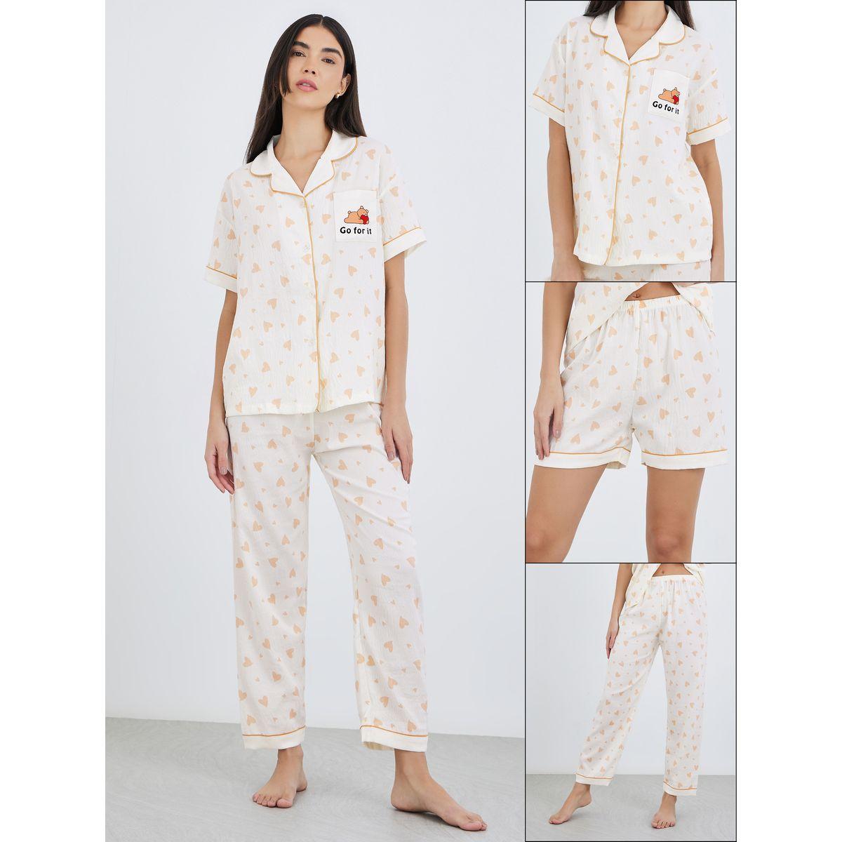 طقم من بلوزة مُطبعة مع بنطال بيجاما وشورت-women-clothing-nightwear-pyjamas-longsets-image-1