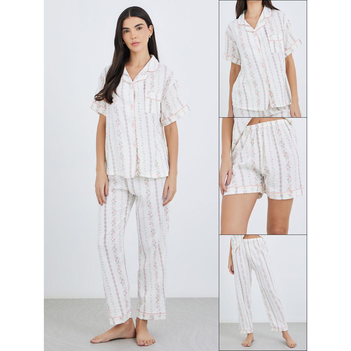 Styli Pack of 3 - Floral Print Cotton Shirt, Pants and Shorts-women-clothing-nightwear-pyjamas-longsets-image-1