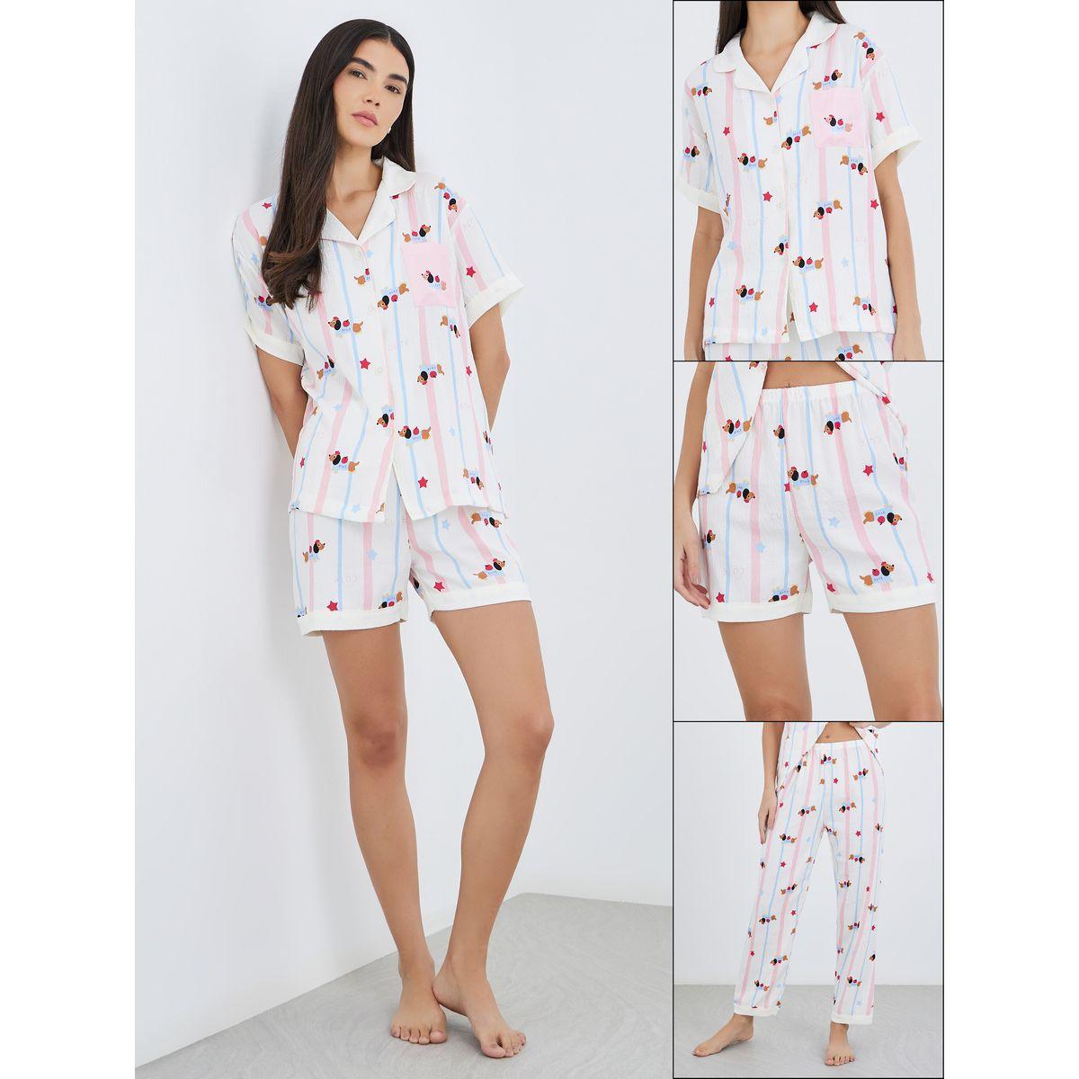 Styli Pack of 3 - Peppy Pattern Cotton Shirt, Pants and Shorts-women-clothing-nightwear-pyjamas-longsets-image-1