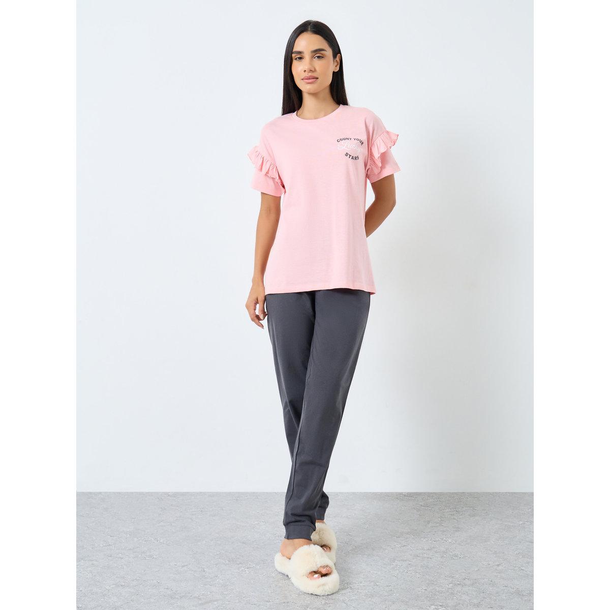 Styli Slogan Print Ruffle Detail T-Shirt and Pyjama Set-women-clothing-nightwear-pyjamas-longsets-image-1
