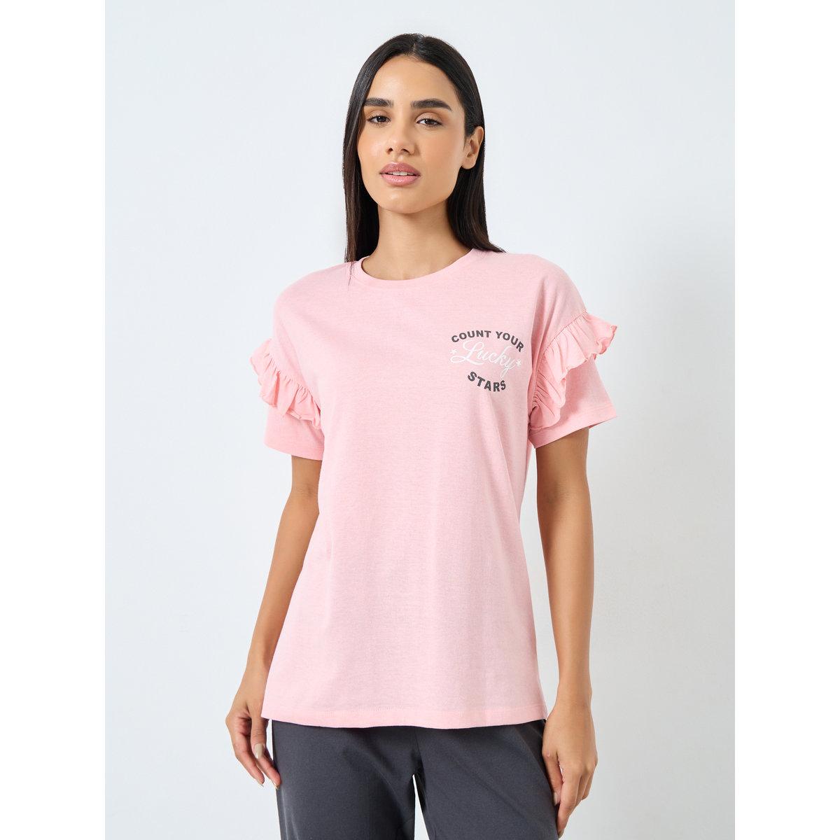 Styli Slogan Print Ruffle Detail T-Shirt and Pyjama Set-women-clothing-nightwear-pyjamas-longsets-image-2