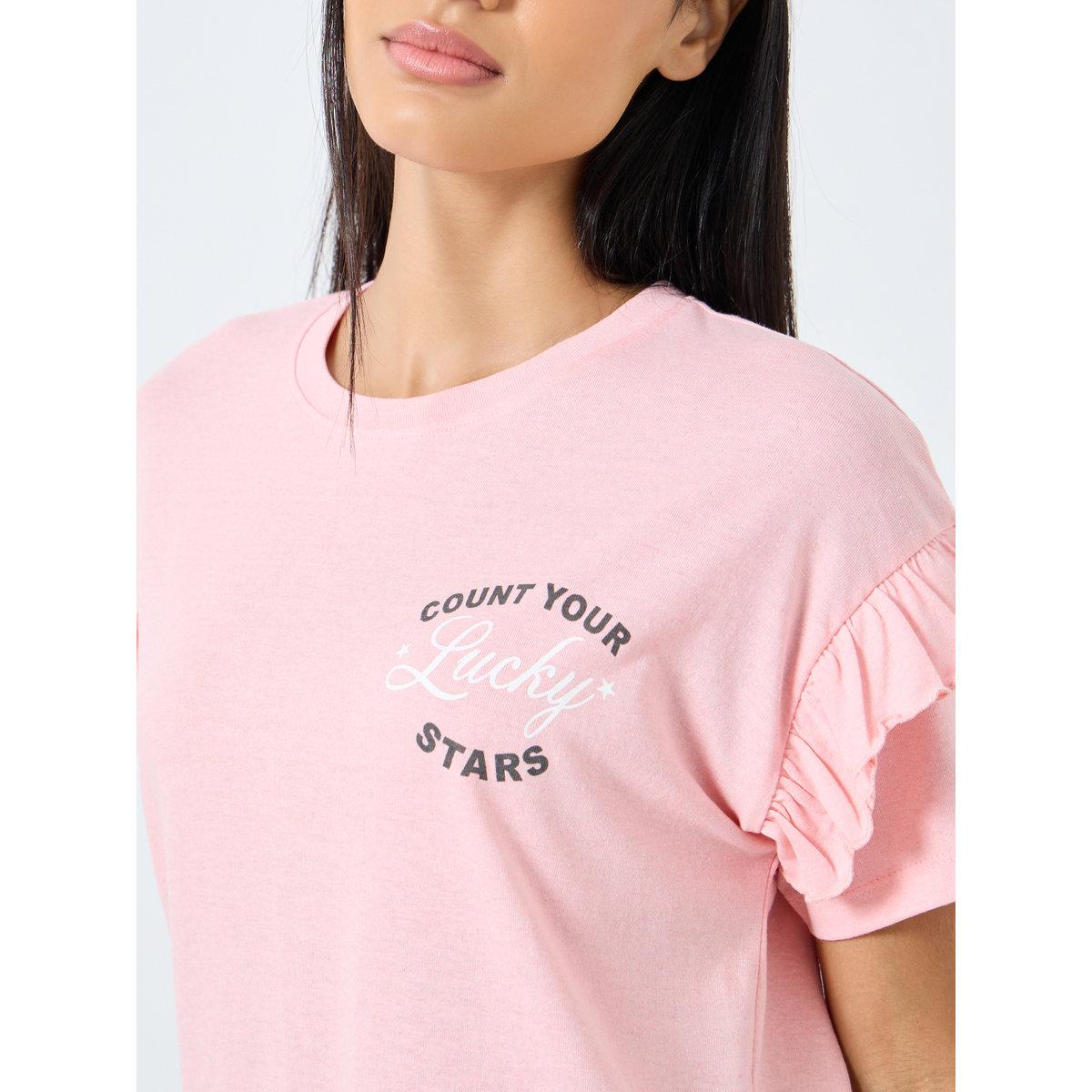 Styli Slogan Print Ruffle Detail T-Shirt and Pyjama Set-women-clothing-nightwear-pyjamas-longsets-image-3