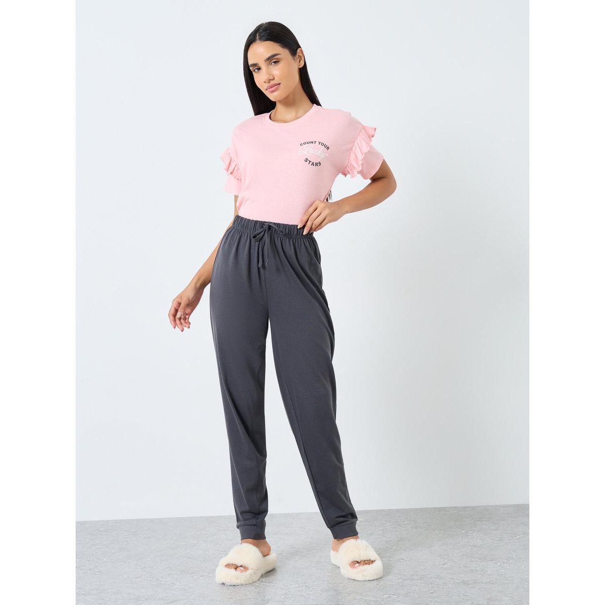 Styli Slogan Print Ruffle Detail T-Shirt and Pyjama Set-women-clothing-nightwear-pyjamas-longsets-image-4
