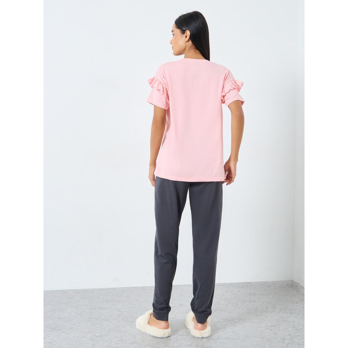 Styli Slogan Print Ruffle Detail T-Shirt and Pyjama Set-women-clothing-nightwear-pyjamas-longsets-image-6