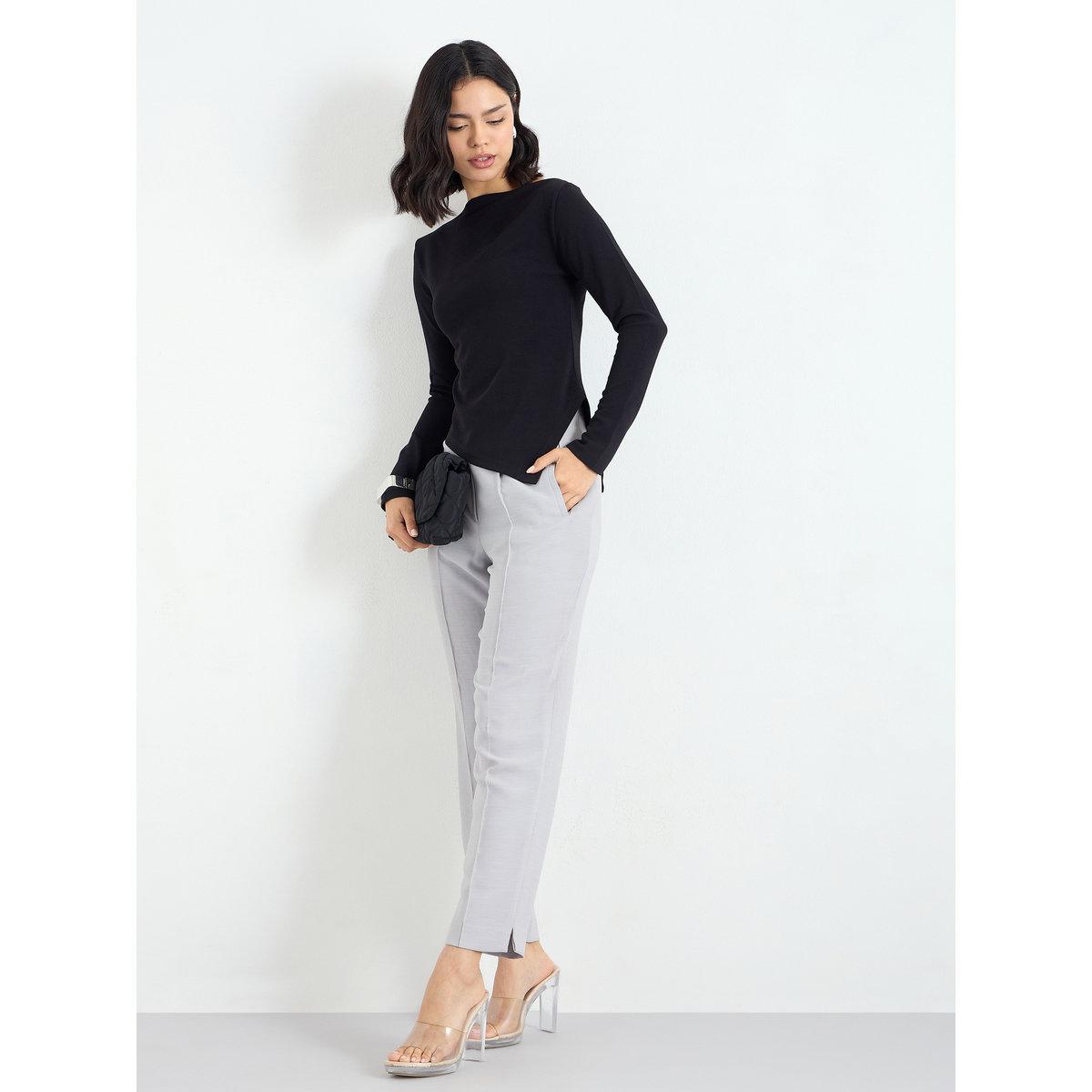 Styli Black Asymmetric Hem Knit Top-women-clothing-tshirts-image-2