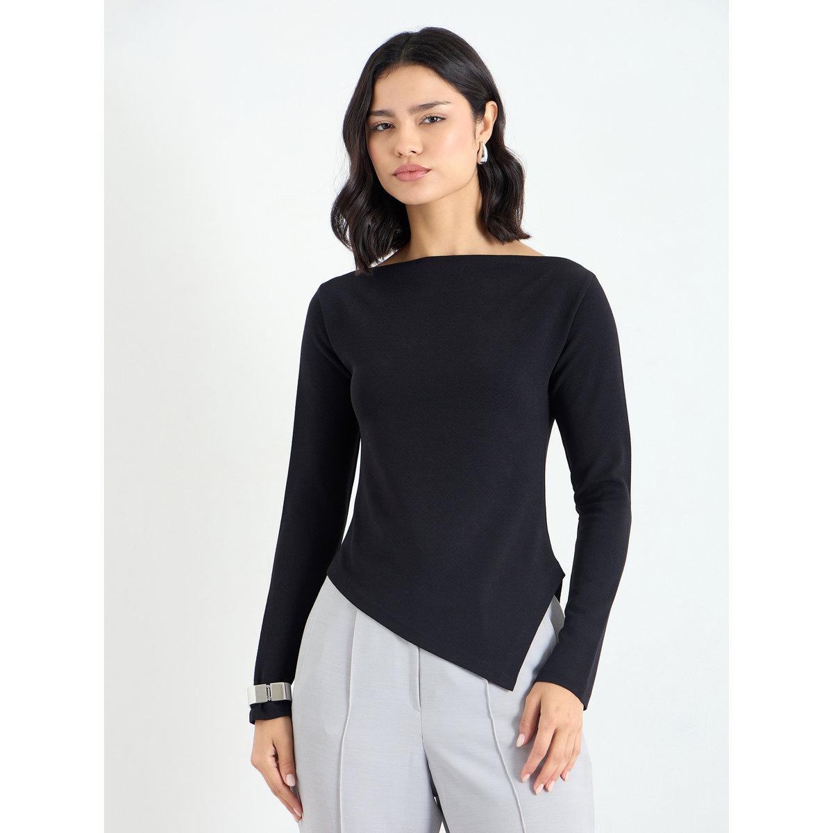 Styli Black Asymmetric Hem Knit Top-women-clothing-tshirts-image-3